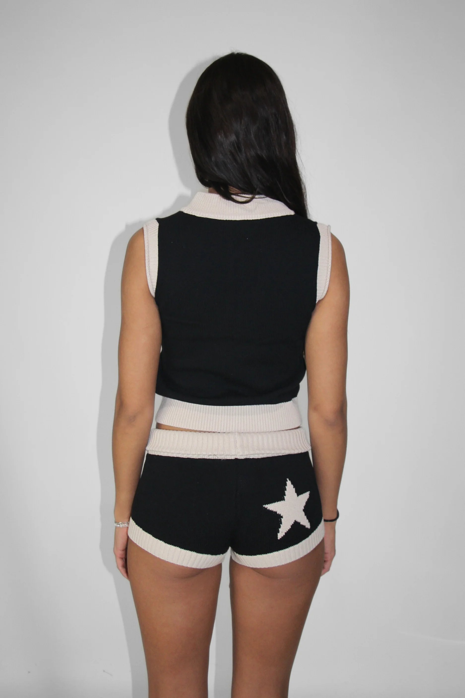 Knit Mini Shorts in Black/ Cream - Image 4