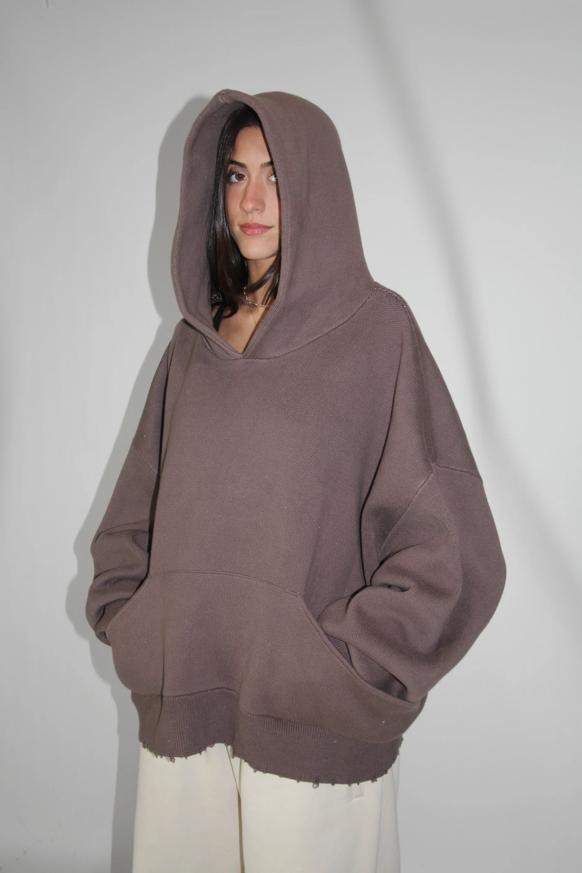 Slouchy Knit Hoodie in Truffle - Image 3